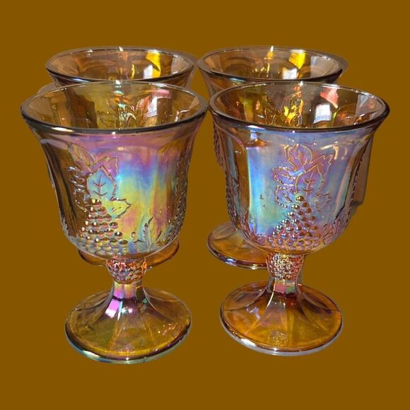 Vintage Indiana Carnival Harvest Iridescence Goblet Harvest Gold Grape 9 oz Set - Picture 1 of 5
